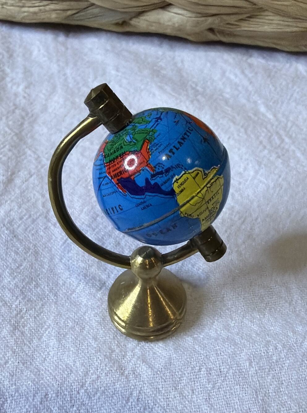 Vintage Brass Miniature World Globe Color Map Tin Rotate Holland Dollhouse Decor